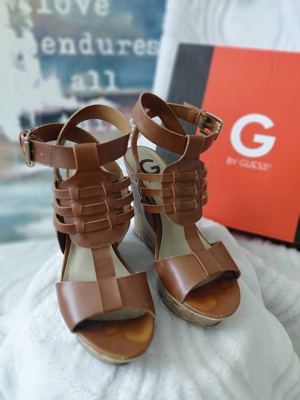 GUESS Brown Leather Woven T-Strap Wedge Sandals